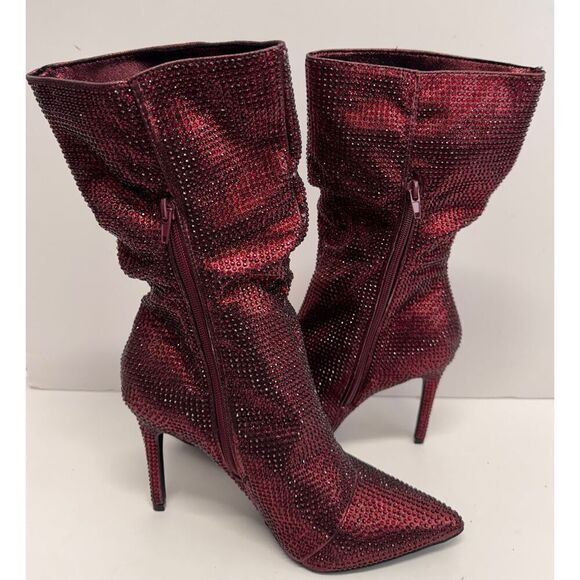 Thalia Mid Calf Boots Size 10‎ Red Embellished Slouchy Pointed Toe High Heel - Picture 5 of 9